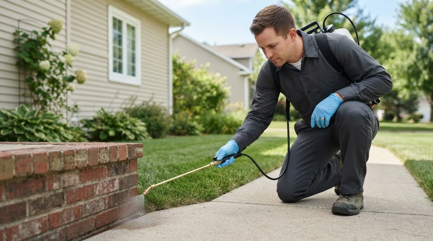 Pest control technician treating a home near Hall, MT